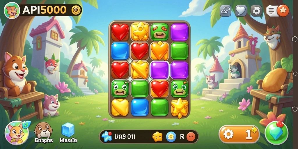 Tampilan gameplay seru dalam game Match-3 API5000 dengan warna yang menarik.