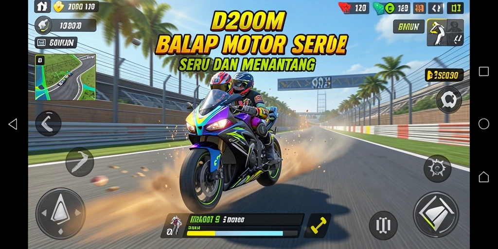 Tampilan gameplay balap motor yang mendebarkan di D200M.