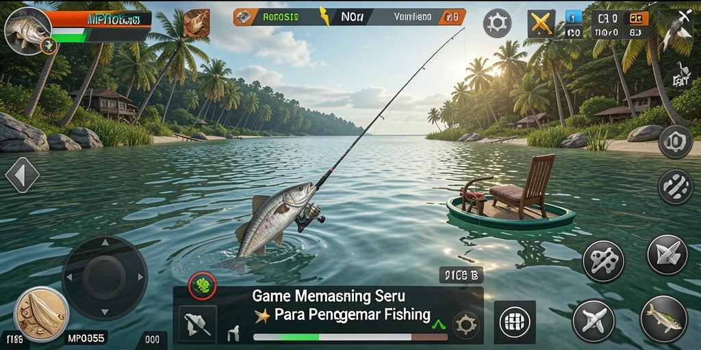 Screenshot gameplay menunjukkan aksi memancing yang menegangkan.