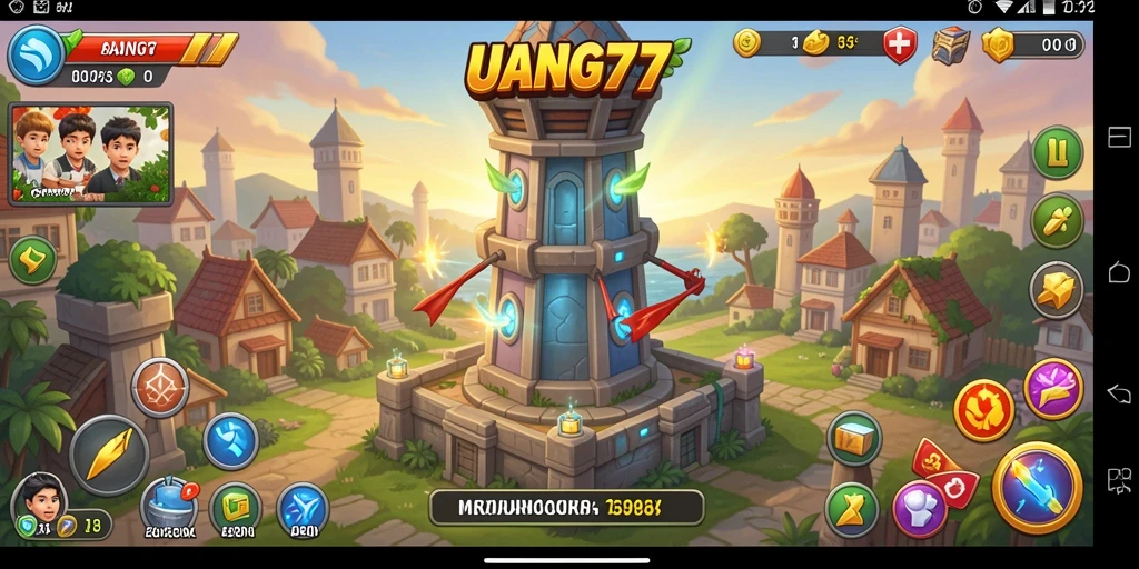 Screenshot UANG77 menampilkan perjuangan seru dalam pertahanan menara.